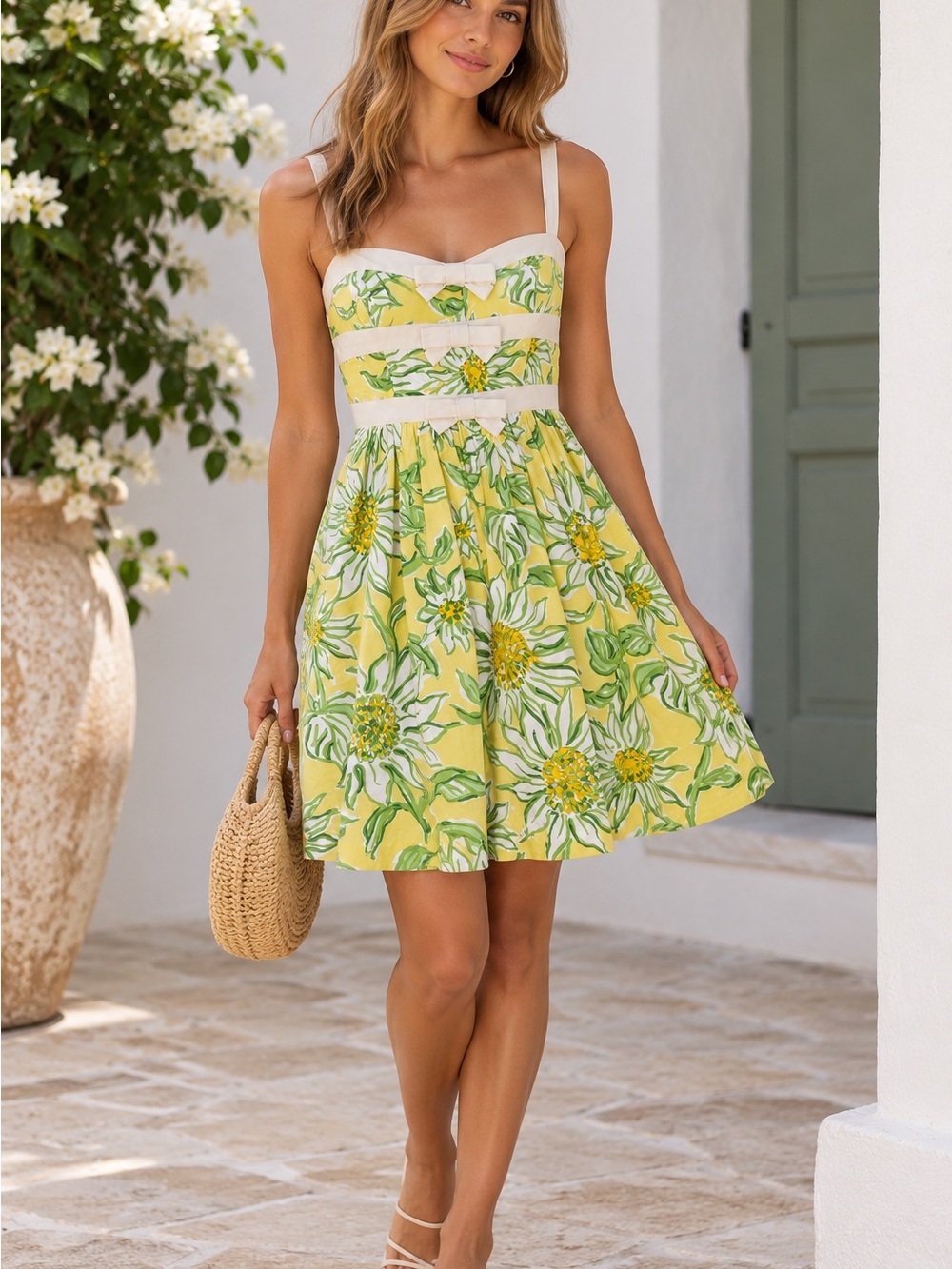 Lilly Pulitzer Yellow Sunflower Print Mini Dress with White Trim